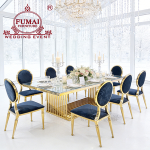 โต๊ะรับประทานอาหารกลางแจ้งทรงสี่เหลี่ยมผืนผ้ากระจก โมเดิร์น ยี่ห้อ Fumai รุ่น MG-205 โครงเหล็กกล้าไร้สนิมเคลือบทอง จาก Foshan Hotel Furniture - Product Image 5