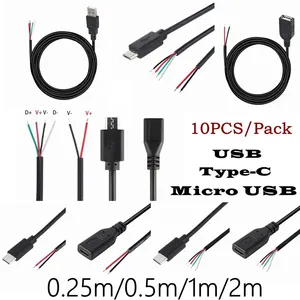 Cabo de alimentação DIY Micro USB tipo C 2 pinos USB A fêmea macho 4 pinos conector de cabo de extensão do carregador de fio do carregador