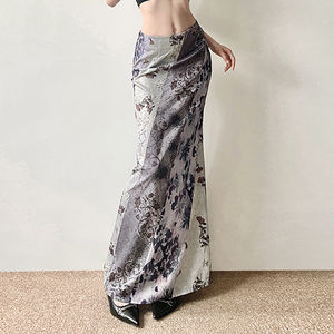Jupe longue vintage à imprimé floral pour femme, taille basse, coupe droite, style minimaliste, tons froids, élégante, rétro, tenue décontractée - Product Image 2