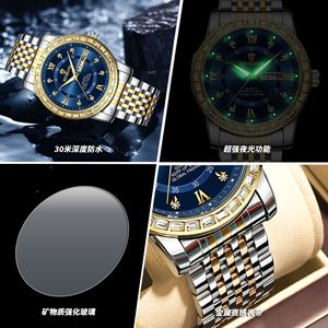 Binbond Men's Quartz Watch Blue Dial Diamond Bezel Stainless Steel Band Date Week Display Waterproof 30M Analog Wristwatch - Product Image 4