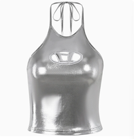 Vente en gros de Crop top Y2K personnalisé pour femme, en maille argentée métallique, col licou, sans manches, à découpes, style 'Liquid Metal', pour soirée, OEM ODM en gros