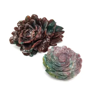 Natural Hand Made Craft Ocean Jasper Flower Reiki Crystal Gemstone Peony Carving For Home Decoration