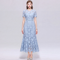 Robe d'été rétro en dentelle résistante à manches courtes, élégante, amincissante, avec jupe sirène haut de gamme et ceinture