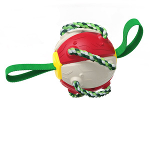 <b>Interactive</b> Dog Chew Ball with Rope and Handle Red White Yellow Plastic Treat Dispensing <b>Toy</b> for Dogs - Product Image 3