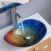 SDAYI fournisseurs peint à la main goutte d'eau art table bassin bleu coloré verre trempé salle de bain évier lavabo accessoires ensembles
