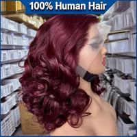Perruques Courtes Bob Ondulées Bourgogne Cheveux Brésiliens Perruques Lace Front 13x4 en Cheveux Humains Densité 200% Perruque Cheveux Humains Ondulés