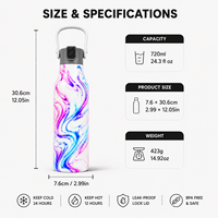 Bouteille d'eau en acier inoxydable de 24 oz avec poignée détachable, couvercle à fermeture hermétique, large ouverture, bouteille de sport pour l'école et le camping