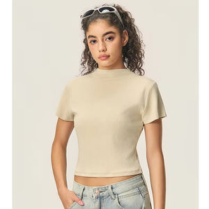 T-shirt moulant à <span class=keywords><strong>col</strong></span> montant extensible 260G pour <span class=keywords><strong>femme</strong></span>, <span class=keywords><strong>manches</strong></span> <span class=keywords><strong>courtes</strong></span>, <span class=keywords><strong>sous</strong></span>-vêtement tendance - Product Image 1