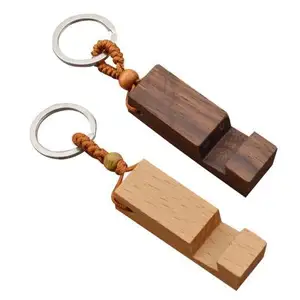 High quality Custom Multi Function Phone Holder Rectangle Wooden Key Ring Cell Phone Stand Base Natural Wood Keychain