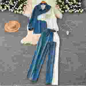 Ensemble en jean décontracté vintage 2 pièces pour femme avec pantalon de jogging tissé taille haute - Vente en gros - Product Image 2