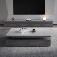 Ensemble table basse et meuble TV carré en bois, design moderne et luxueux, durable, avec plateau en pierre frittée et rangement, pour salon et maison