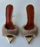 Mules à Talon Plume Personnalisées de Luxe en Fourrure Moelleuse pour Femmes, Sandales à Talons Hauts Aiguille Sexy à Enfiler