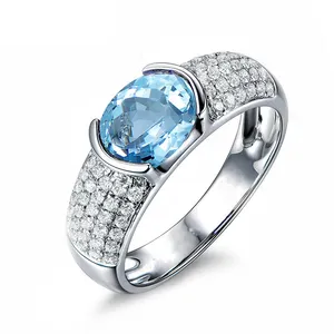 925 Sterling Silver Engagement Ring Large Sky Blue Topaz Ring Round Shape David Ring Blue Topaz With Diamond