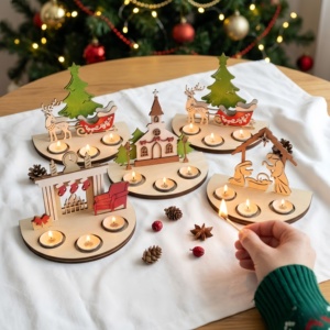 Laser-Cut Christmas-Themed Wooden <b>Candle</b> <b>Holder</b> Set Santa Claus Reindeer Sleigh Snowflake Gift Holiday Decoration - Product Image 1