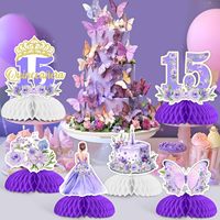 8 pièces de centres de table en nid d'abeille pour Quinceañera, décorations violettes pour 15e anniversaire, décorations florales pour filles, papillons, toppers de table pour Quinceañera