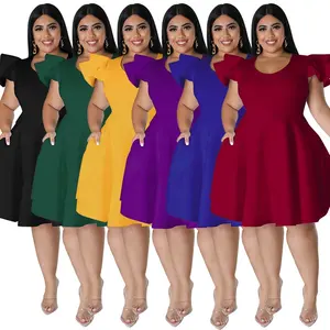 Ready to Ship Elegant Party Flared Sleeve Side Pocket Knee Length Plus Size Aline Dress For Women Cocktail