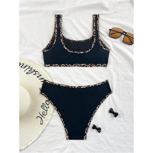 FOXA Conjunto de bikini de 2 piezas para mujer, cuello redondo, con ribete en contraste, tirantes finos, traje de baño de cintura alta - Product Image 4