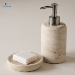 Ensemble d'accessoires de salle de bain en marbre travertin Luca |   Ensemble de 5 pièces en pierre polie : Distributeur de savon, Porte-brosses à dents, Plateau – Idéal pour la maison et l'hôtel, sur mesure - Product Image 5