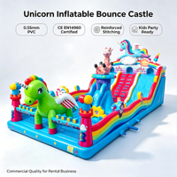 Structure gonflable combinée à thème licorne colorée, de qualité commerciale, en PVC, avec toboggan, pour la location événementielle et l'usage professionnel