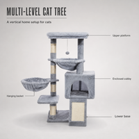 Arbre à chat multi-niveaux avec hamac, niche fermée et poteaux à gratter