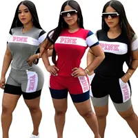 Ensemble T-shirt et short à imprimé rose pour femmes, survêtement de sport, col rond, tenue deux pièces, jogging, été, 2020