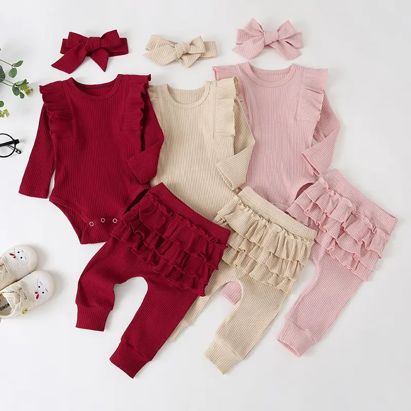 Herfst Pasgeboren Kleding Kleding Outfits Sets 100% Katoen Baby Meisjes Casual Roze Lange Mouwen Romper 3 Delige Set Met Boog hoofdband