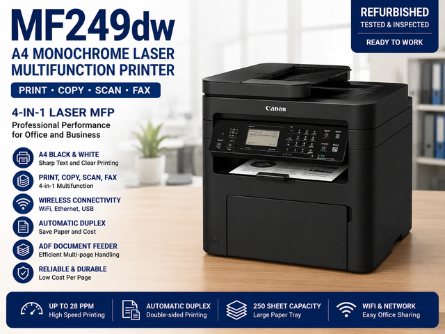 Refurbished MF249dw A4 Monochrome Laser Printer Multifunction MFP Wireless Duplex Print Copy Scan Fax Office Machine