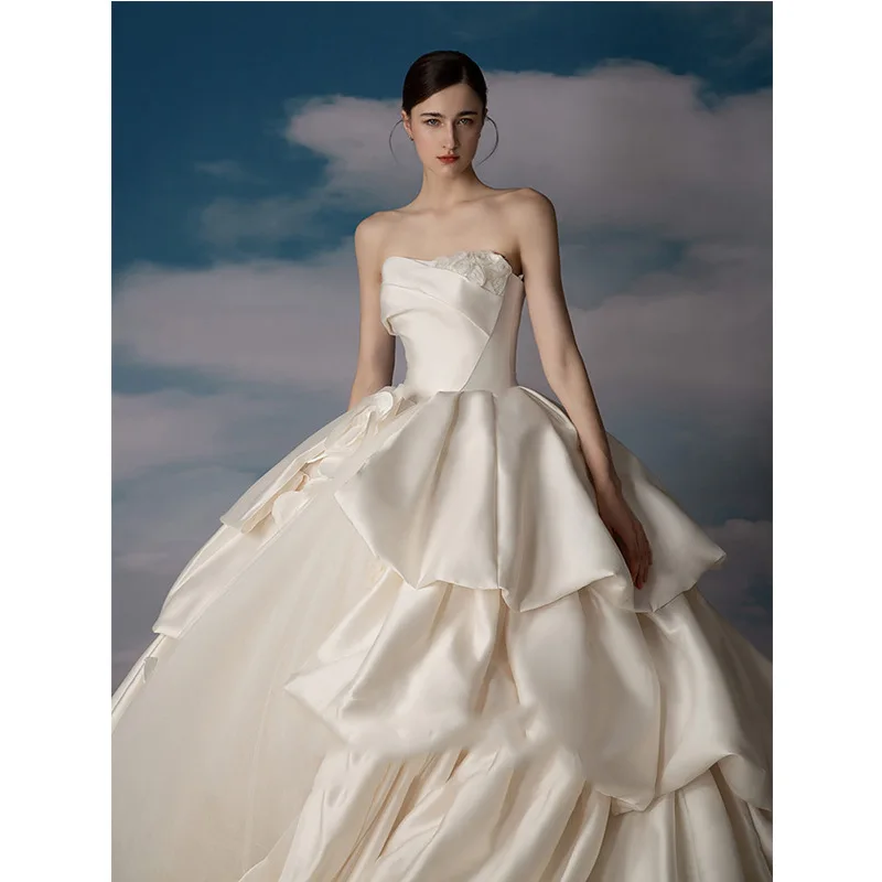 open lace back dress Satin Wedding Gown Off Shoulder | Bridal Princess Gown main image 0