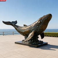 YOUFINE Grande Sculpture de Baleine à Dos Courbé en Bronze Patiné Antique avec Base Ondulée, Statue d'Animal Marin pour Parc en Bord de Mer et Aménagement Paysager Coastal