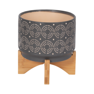 Fioriera in Ceramica Rialzata con Design a Spirale e Supporto in Bambù per Piante da Interno e Decorazione Domestica - Product Image 1