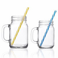 Botol Kaca Mason Mulut Lebar 8oz Grosir dengan Tutup dan Pegangan untuk Minuman Susu, Teh Dingin, Lemonade