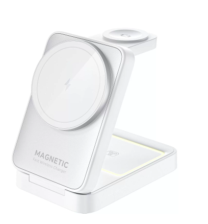 Folding Design Portable Magnetic Wireless Charger Support Apple and Sam galaxy Watch with 15w Fast Charging and Light