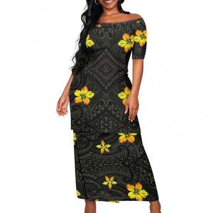 Samoan Tattoo Hibiscus Flower Polynesian Designer Off Shoulder Dress Print on Demand Puletasi Custom Logo Plus Size Sets 2024 - Product Image 1
