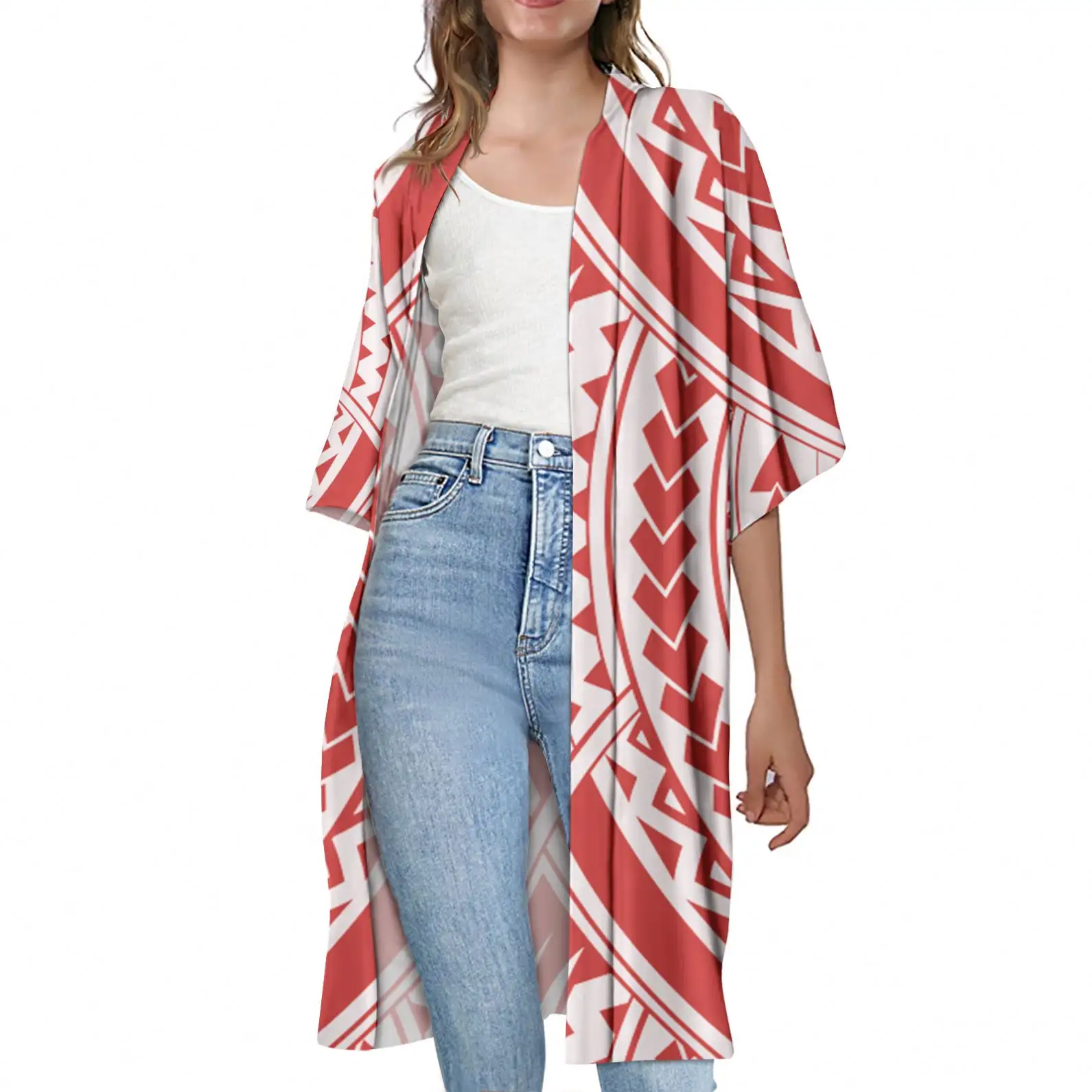 Cardigan d'extérieur décontracté pour femmes, vêtements à la mode, 9 Styles hawaïens, imprimé Tribal, rouge et blanc