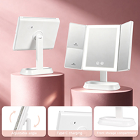 Miroir de maquillage LED à trois volets avec strass, grossissement 5X 7X, rechargeable, avec base de rangement