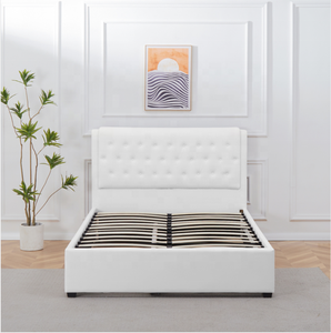 Da trắng khung gỗ Nút-tufted đầu giường nữ hoàng Kích thước PU bọc nền tảng giường với GiườNg Kéo - Product Image 4