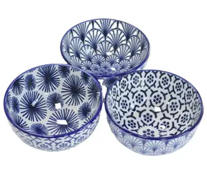 Venta al por mayor azul y blanco de estilo chino de impresión de almohadilla de alta brillante de cristal de china de hueso de cerámica de porcelana tazón de arroz de tazón de sopa