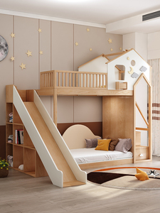 Letto a soppalco in legno massello dal design moderno a casetta sull'albero <span class=keywords><strong>per</strong></span> bambini 0-3 anni, culla alta/bassa con scivolo, personalizzabile <span class=keywords><strong>per</strong></span> uso in camera da letto - Product Image 2
