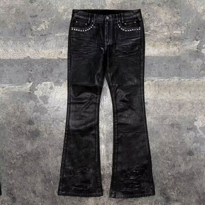 <span class=keywords><strong>Jeans</strong></span> da Uomo in Denim Cerato Svasati a Zampa d'Elefante Neri a Vita Bassa, Vestibilità Aderente, Stile Vintage con Effetto Consumato e Personalizzati all'Ingrosso - Product Image 1