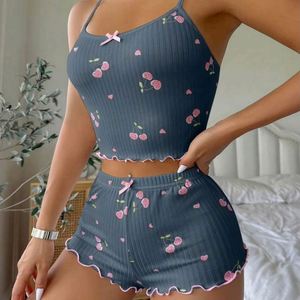 Pijamas Casuales de Verano para Mujer, Cintura Elástica de Satén, Ropa de Dormir, Ropa para el Hogar, Transpirable, Estampado de Corazones, Conjunto de 2 Piezas - Product Image 3