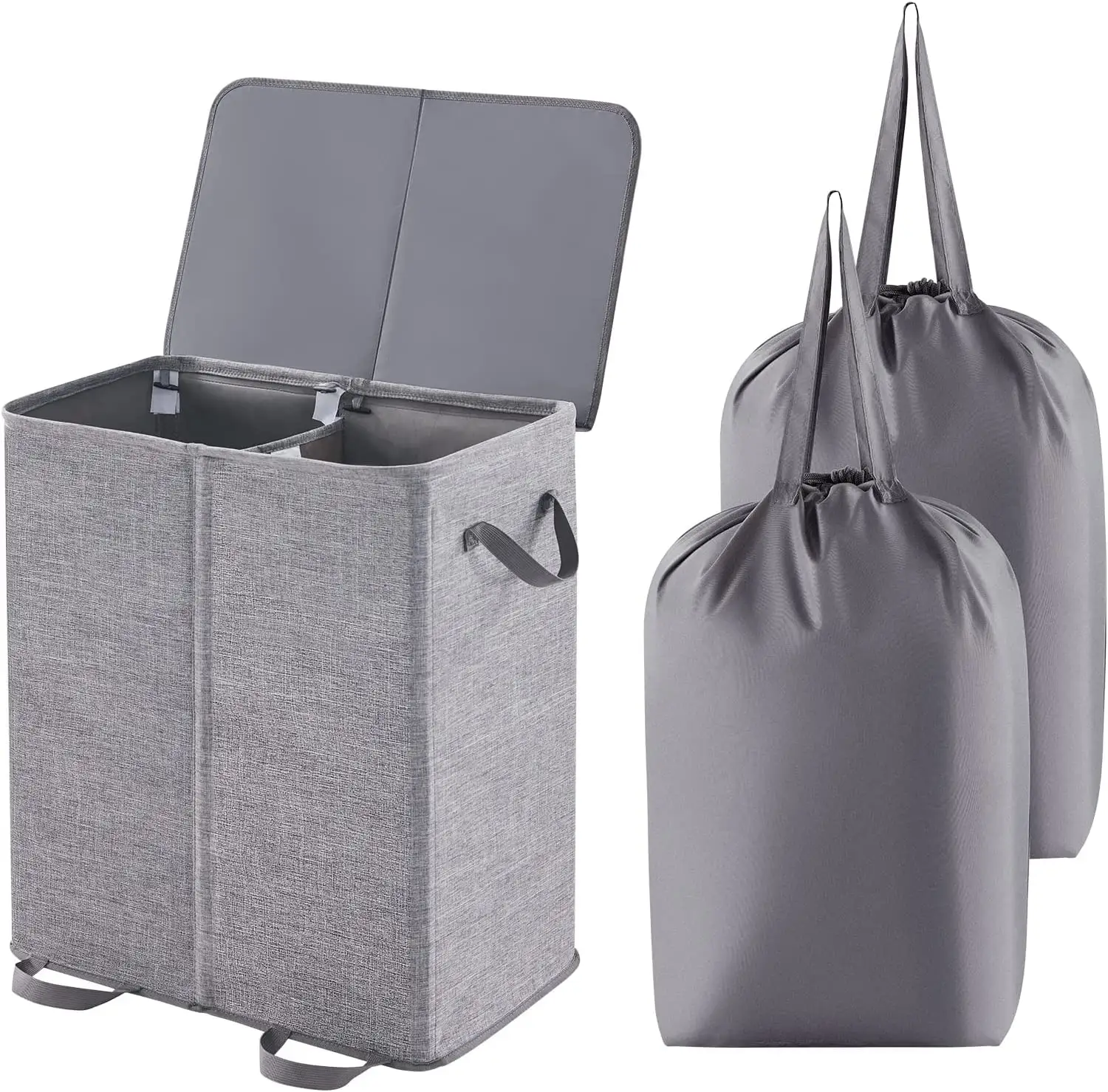 Amazon Hot Double Large Collapsible 2 Dividers Dirty Clothes Basket Laundry Hamper with Lid and Removable Laundry Bags