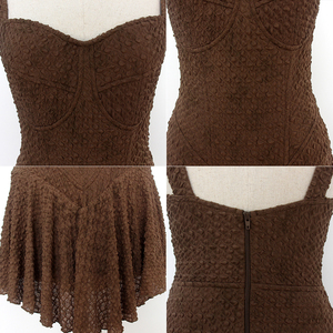 Abito Mini Estivo Elegante da Donna Marrone con Scollo a Cuore - Vestito da Festa con Bustier Testurizzato, Spalline Larghe e Gonna Svasata a Trapezio - Product Image 5