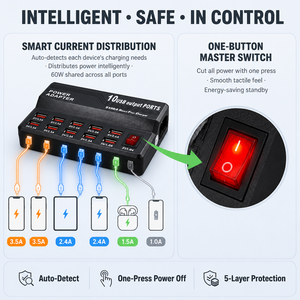 <span class=keywords><strong>Chargeur</strong></span> USB multi-ports 12 ports 60W à charge rapide en PVC, entrée 220V, adaptateur QC 3.0 pour téléphones, tablettes et consoles de jeux - Product Image 4