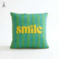 Housse de coussin brodée avec un motif de sourire - Housse de coussin rayée avec un visage heureux - Housse de coussin douce vert turquoise pour canapé