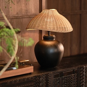 Lampe de table en rotin de style Wabi Sabi, base en céramique, ampoule LED E27, commande par interrupteur, pour salon, chambre à coucher, éclairage d'ambiance - Product Image 4