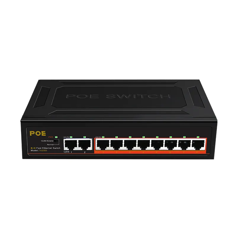 8Port 10/100 PoE + 2Port Uplink Sakelar Ethernet Tidak Terkelola POE Sakelar Hingga 250M Jarak Transmisi Isolasi VLAN