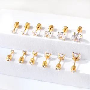 Hypoallergenic18k Gold Plated 304/316 Stainless Steel Cubic Zirconia Cz Earrings Screw Plugs Stud Earrings