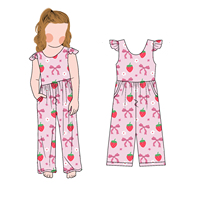 Combinaison boutonnée sans manches à imprimé mignon, adaptée aux filles, avec jambes larges et poches, pour un usage décontracté estival