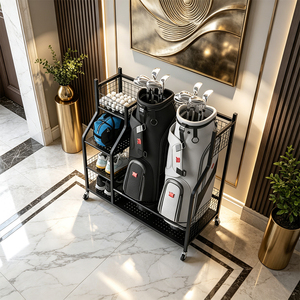 Estante de Almacenamiento para Palos de <span class=keywords><strong>Golf</strong></span> para Tiendas de <span class=keywords><strong>Golf</strong></span> y Clubes, Soporte Rodante Doble para Bolsas de <span class=keywords><strong>Golf</strong></span> con Cestas de Malla y Estantes para Zapatos - Product Image 1
