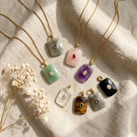 Pendentif rectangulaire en pierre naturelle avec incrustation de zircone ovale, grille à facettes, attache dorée, breloque multicolore en pierres précieuses pour la fabrication de bijoux et cadeaux